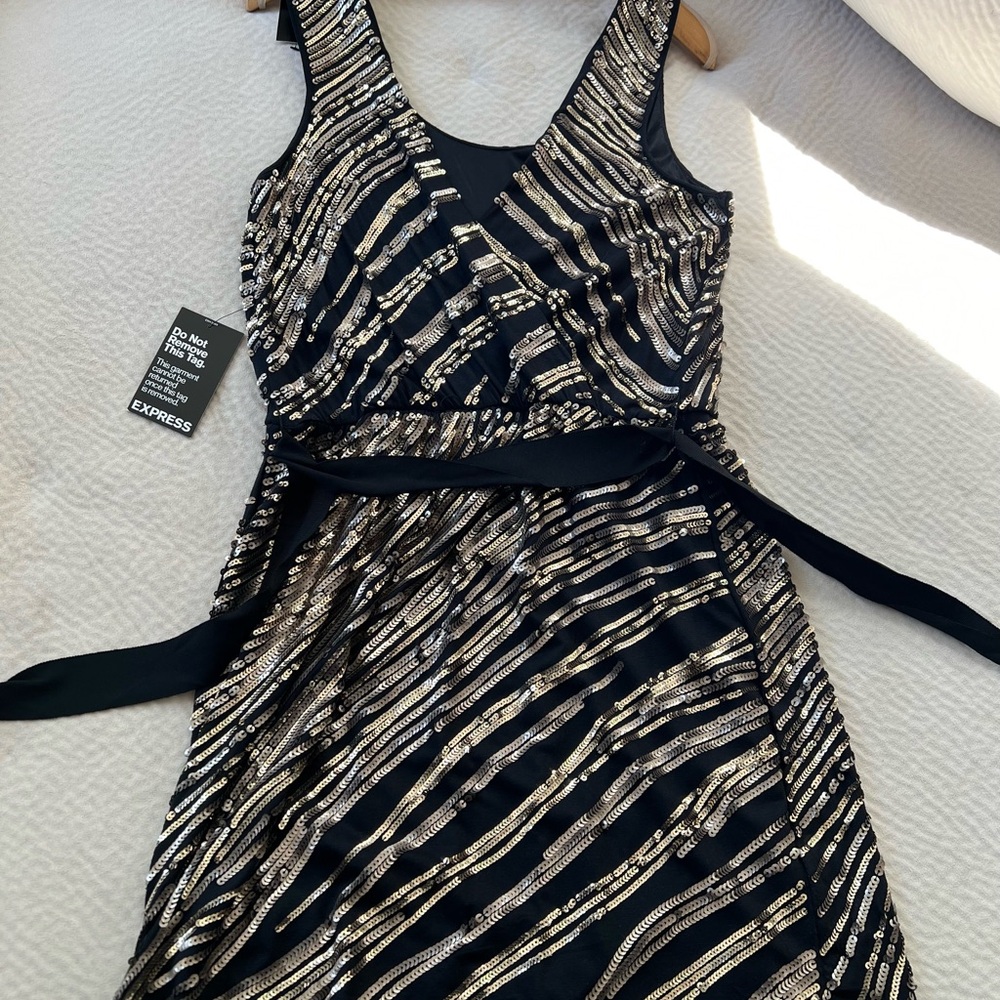 Express Elegant Black and Gold Sequin Party Dress, New with tags